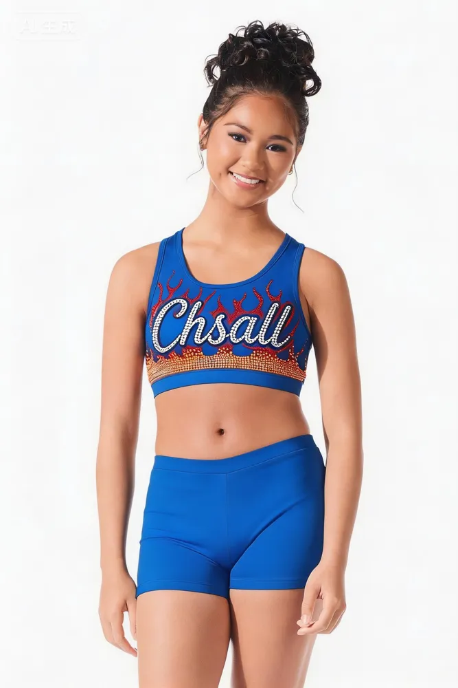 Rhinestones Shirts & Tops Wear Sparkle blue Design Shiny Cheerleading Practice Wear Shell Shorts 2 Sets Uniforms – photo 4