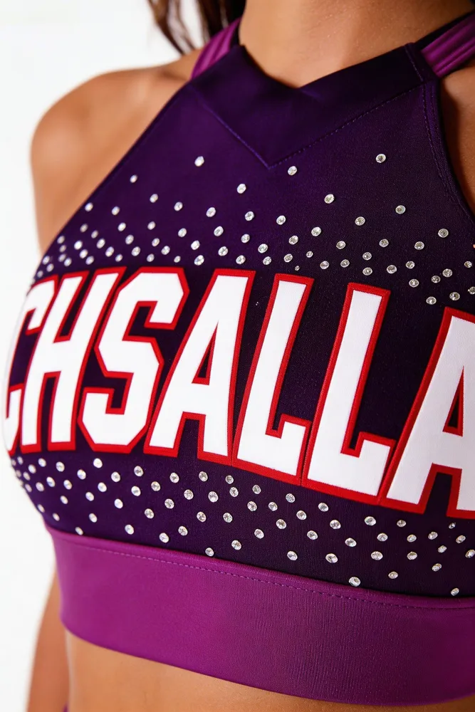 Rhinestones Shirts & Tops Wear Sparkle purple Design Shiny Cheerleading Practice Wear Shell Shorts 2 Sets Uniforms – photo 2