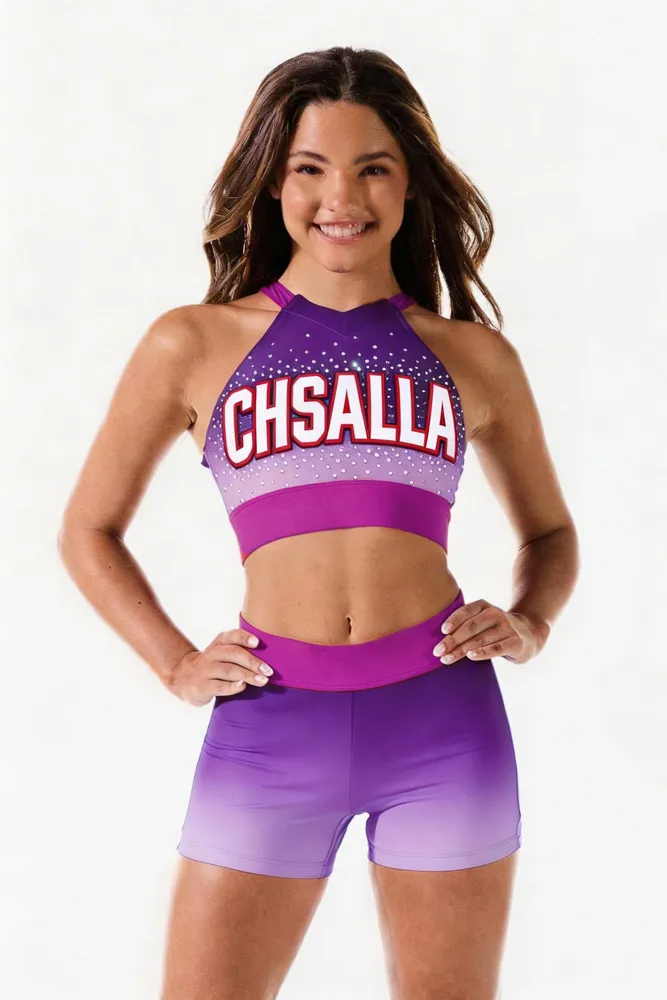 Rhinestones Shirts & Tops Wear Sparkle purple Design Shiny Cheerleading Practice Wear Shell Shorts 2 Sets Uniforms – photo 4
