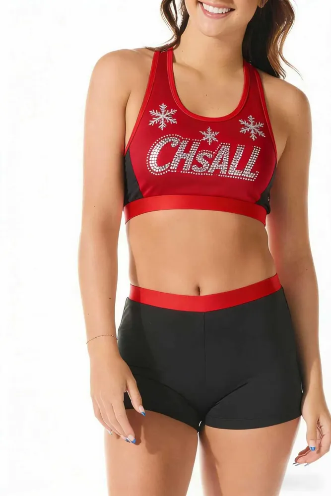 Rhinestones Shirts & Tops Wear Sparkle red Design Shiny Cheerleading Practice Wear Shell Shorts 2 Sets Uniforms – photo 2