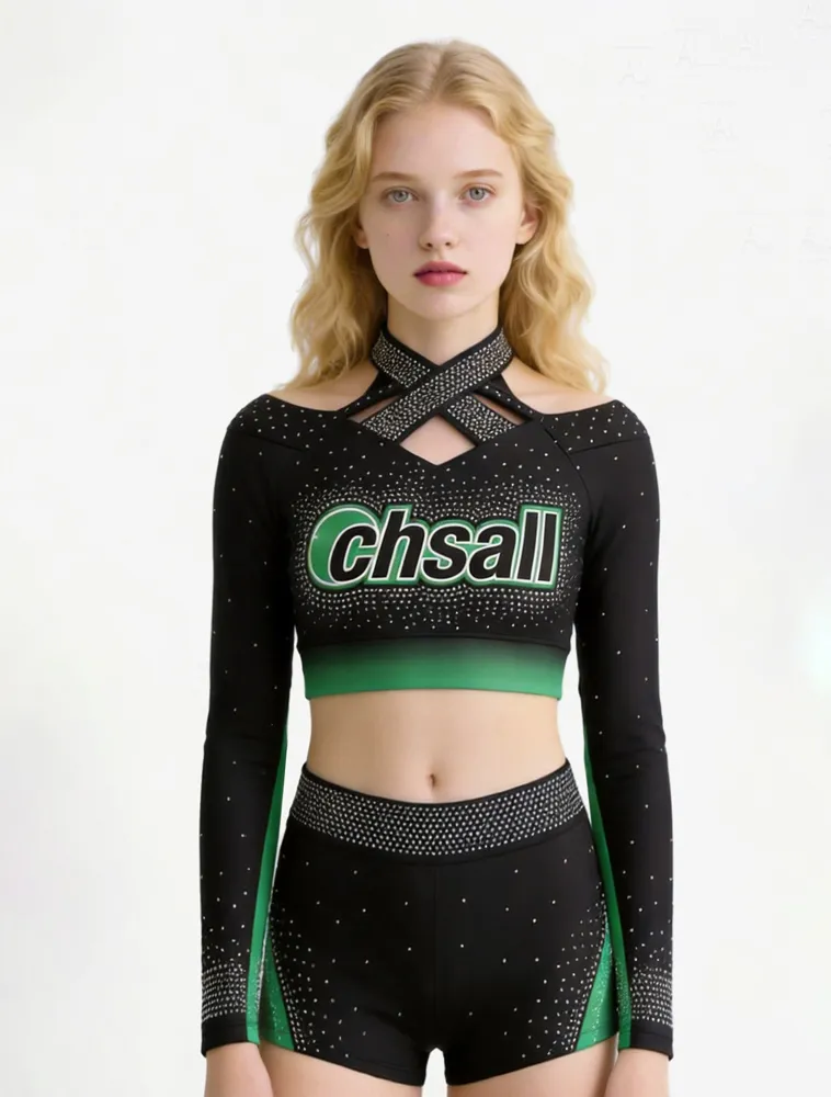 Long Sleeve Cheerleading Uniform Cutout Detail Rhinestone Team Cheer Uniform for Competition Anti-Epidemic Cross Neckline – photo 6