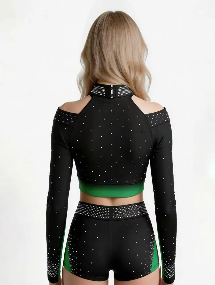 Long Sleeve Cheerleading Uniform Cutout Detail Rhinestone Team Cheer Uniform for Competition Anti-Epidemic Cross Neckline – photo 7