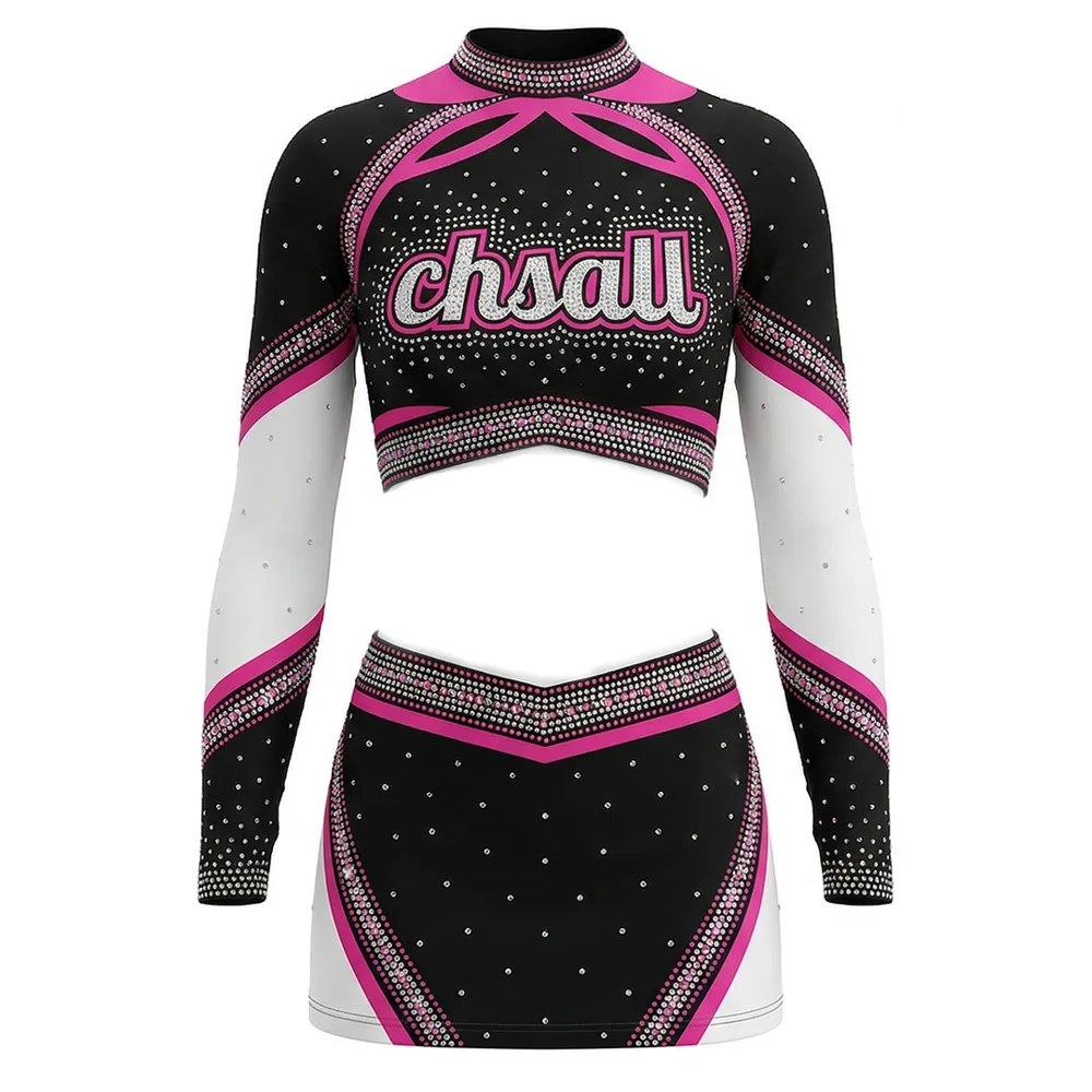 High Neck Long Sleeve Cheerleading Apparel Rhinestone Color Block Team Spirit Performance Uniform with Bow – photo 2