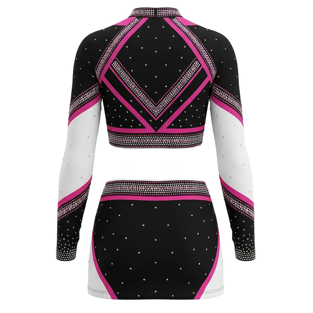 High Neck Long Sleeve Cheerleading Apparel Rhinestone Color Block Team Spirit Performance Uniform with Bow – photo 3
