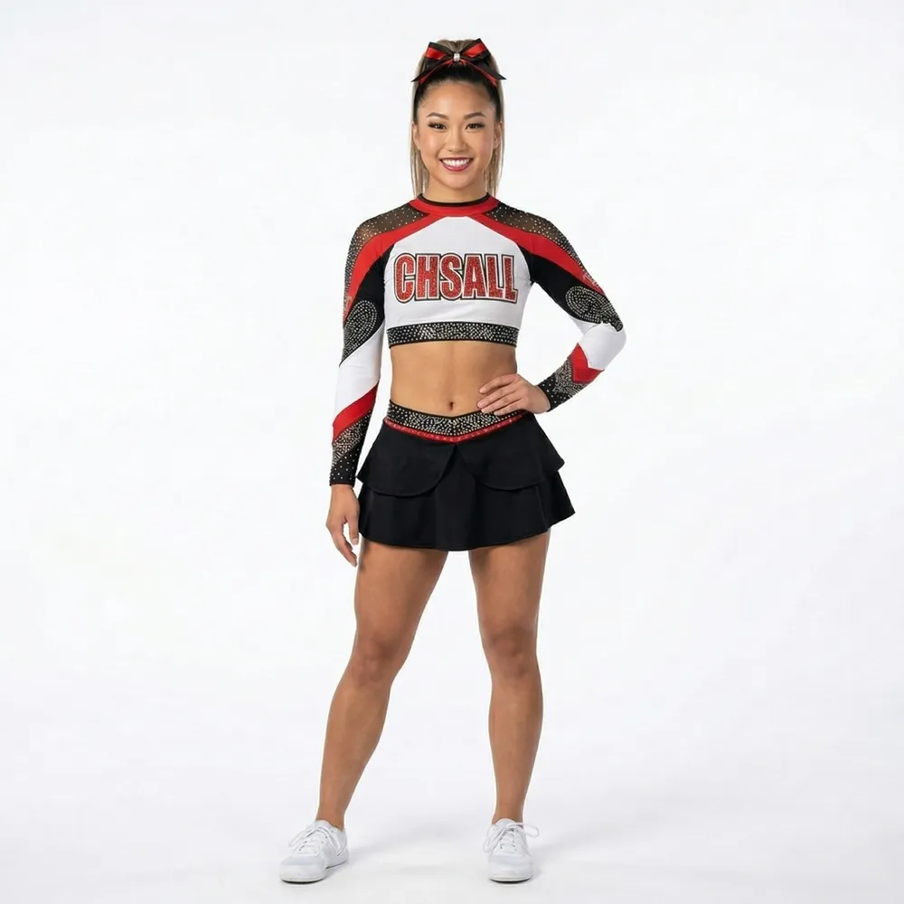 Girls Cheerleading Outfit Long Sleeve Rhinestone High Neck Red Stage Performance Cheer Wear with Skirt – photo 2
