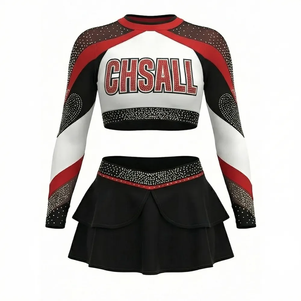 Girls Cheerleading Outfit Long Sleeve Rhinestone High Neck Red Stage Performance Cheer Wear with Skirt – photo 3