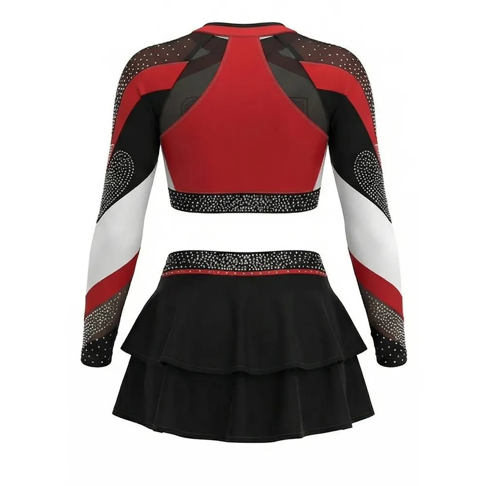 Girls Cheerleading Outfit Long Sleeve Rhinestone High Neck Red Stage Performance Cheer Wear with Skirt – photo 4