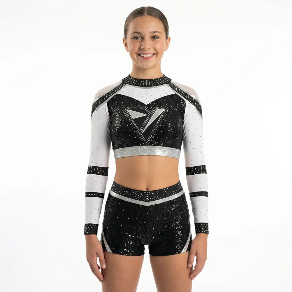 Cheerleading Outfit Long Sleeve Cold Shoulder Rhinestone Navy Accent Performance Wear for Cheer Competition – photo 2