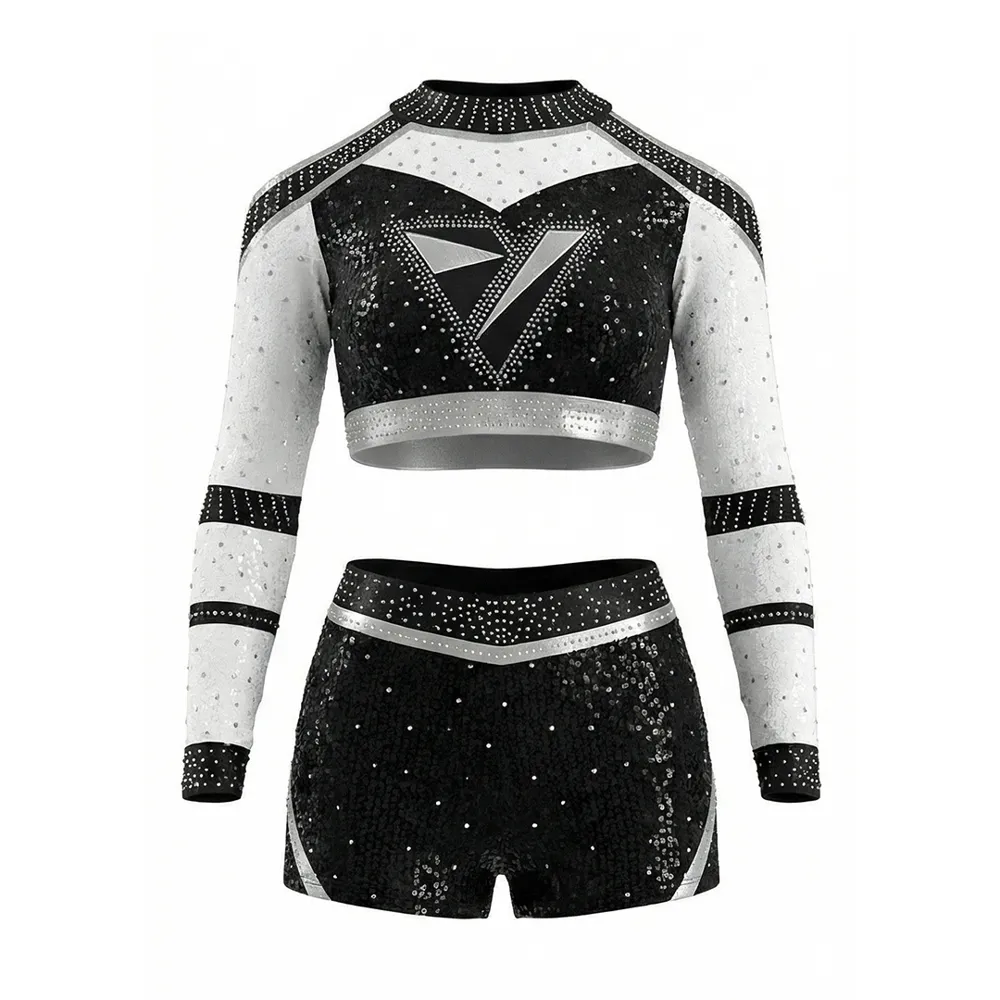 Cheerleading Outfit Long Sleeve Cold Shoulder Rhinestone Navy Accent Performance Wear for Cheer Competition – photo 3