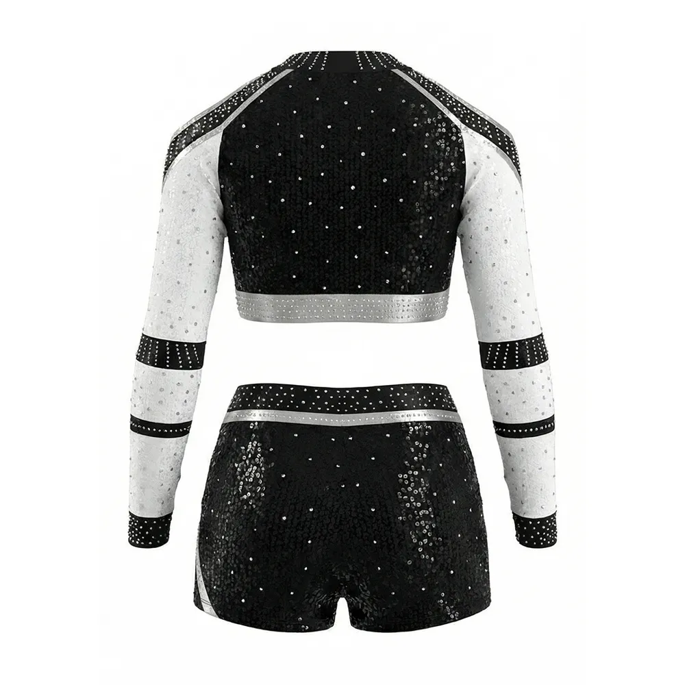 Cheerleading Outfit Long Sleeve Cold Shoulder Rhinestone Navy Accent Performance Wear for Cheer Competition – photo 4