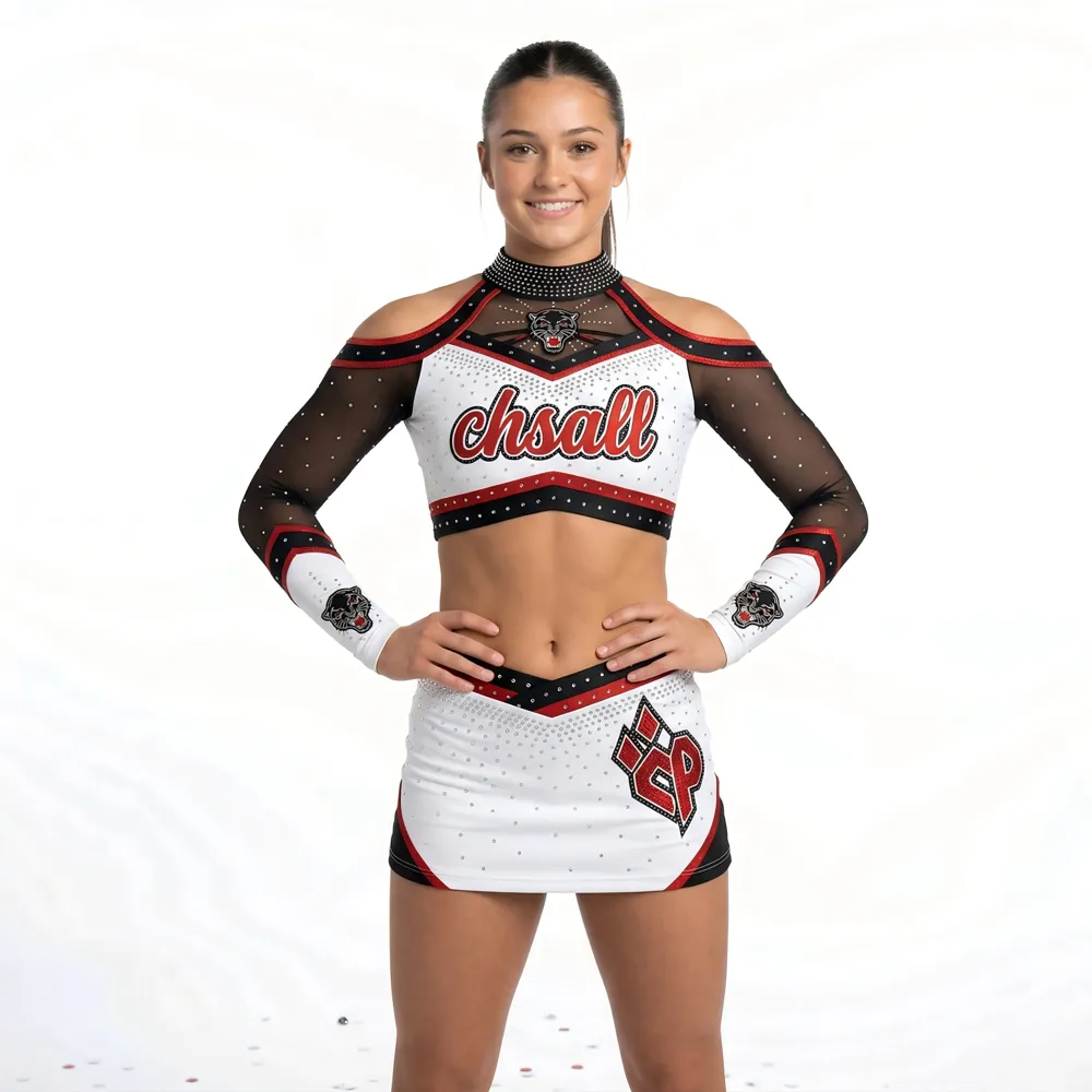 Girls Long Sleeve Cheerleading Outfit Cold Shoulder Sheer Mesh Rhinestone Red Black White Spandex Performance Wear – photo 2