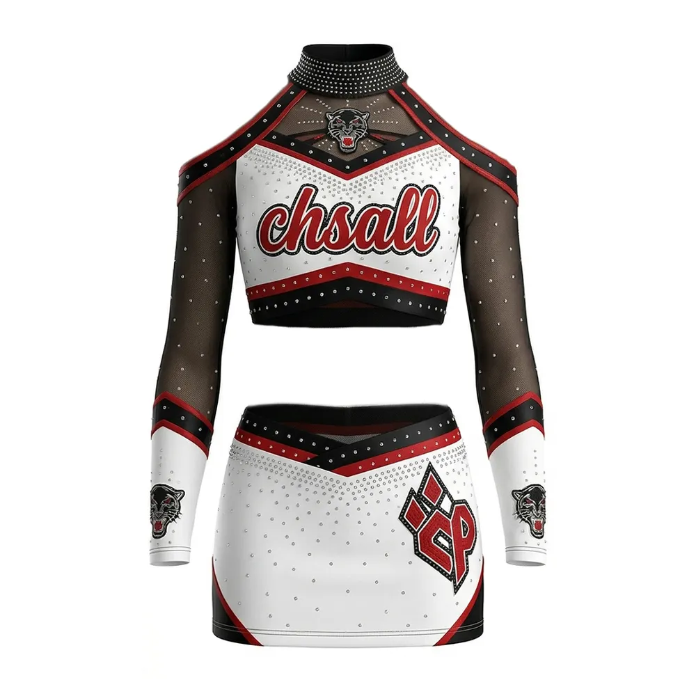 Girls Long Sleeve Cheerleading Outfit Cold Shoulder Sheer Mesh Rhinestone Red Black White Spandex Performance Wear – photo 3