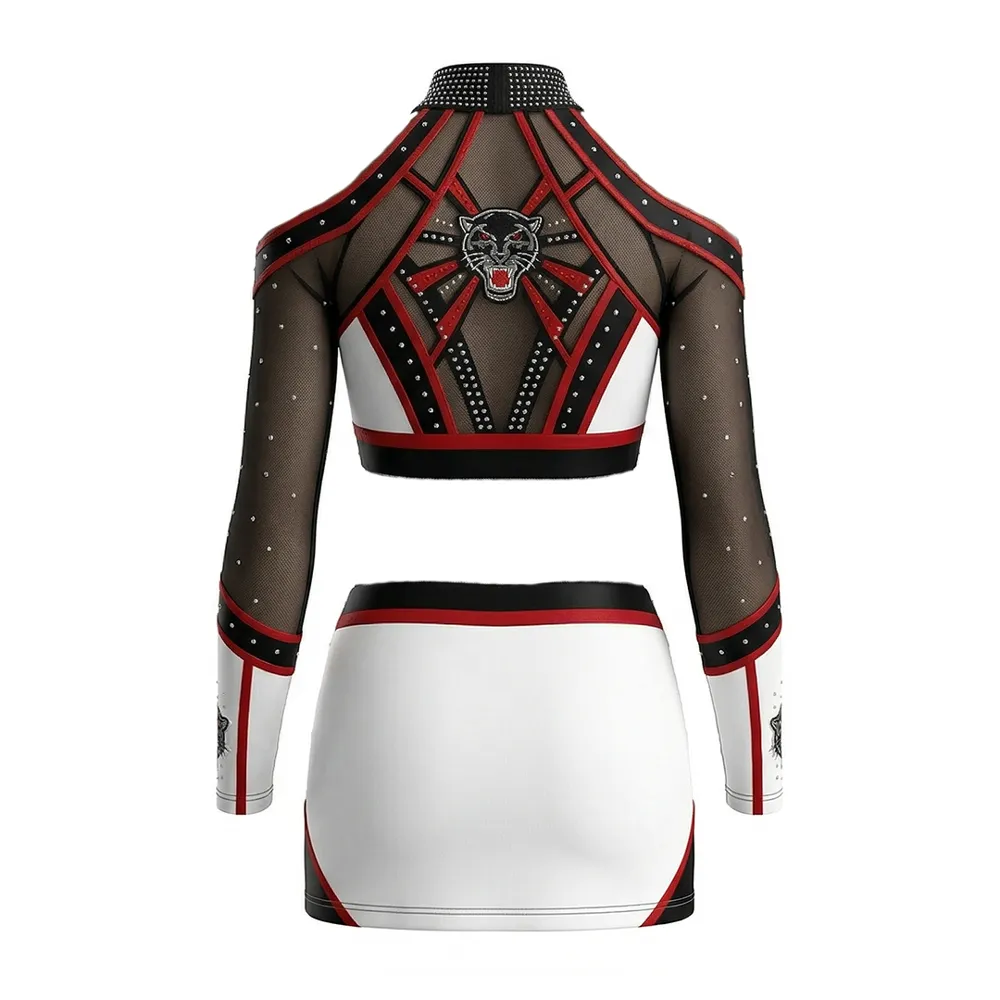 Girls Long Sleeve Cheerleading Outfit Cold Shoulder Sheer Mesh Rhinestone Red Black White Spandex Performance Wear – photo 4