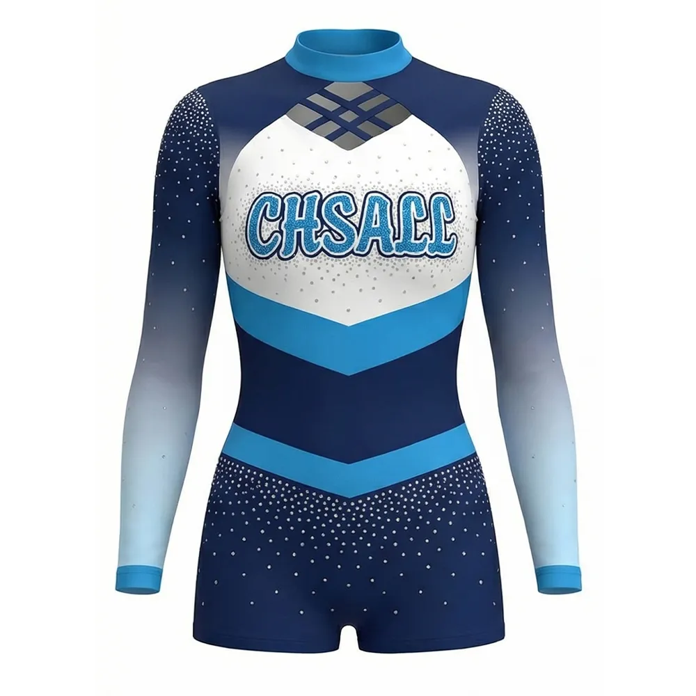 Girls Long Sleeve Cheerleading Outfit Crisscross Cutout Ombre Rhinestone Blue White Spandex Performance Wear – photo 3