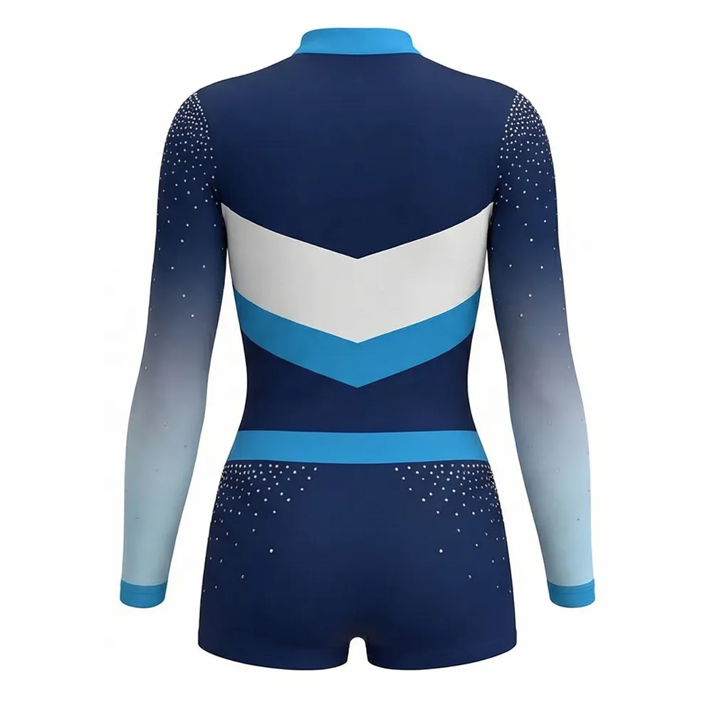 Girls Long Sleeve Cheerleading Outfit Crisscross Cutout Ombre Rhinestone Blue White Spandex Performance Wear – photo 4