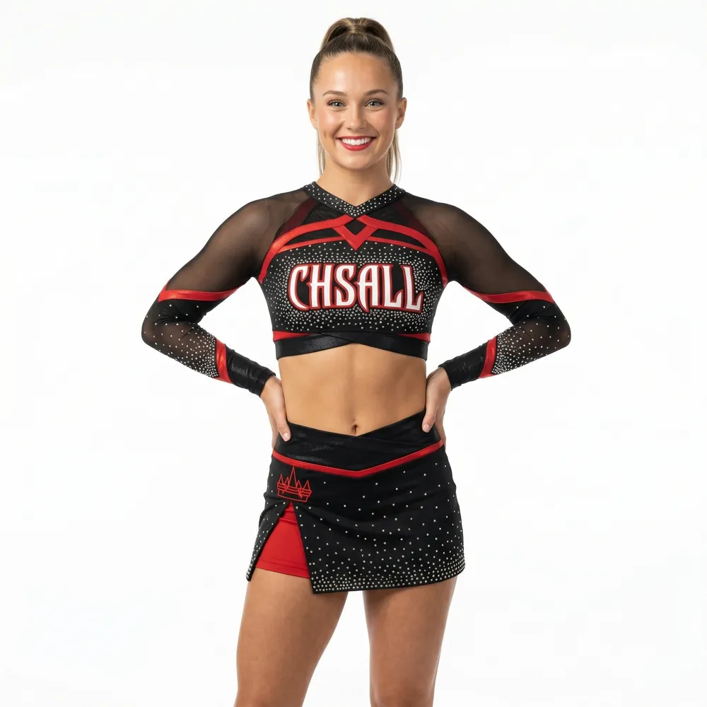 Girls Long Sleeve Cheerleading Outfit Cutout Neck Sheer Mesh Rhinestone Red Trim Spandex Performance Wear – photo 2