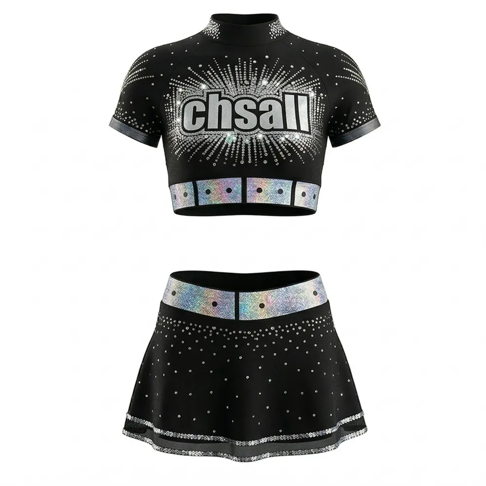 Girls Long Sleeve Cheerleading Outfit Crop Top Sheer Mesh Rhinestone Black Green Spandex Performance Wear – photo 3