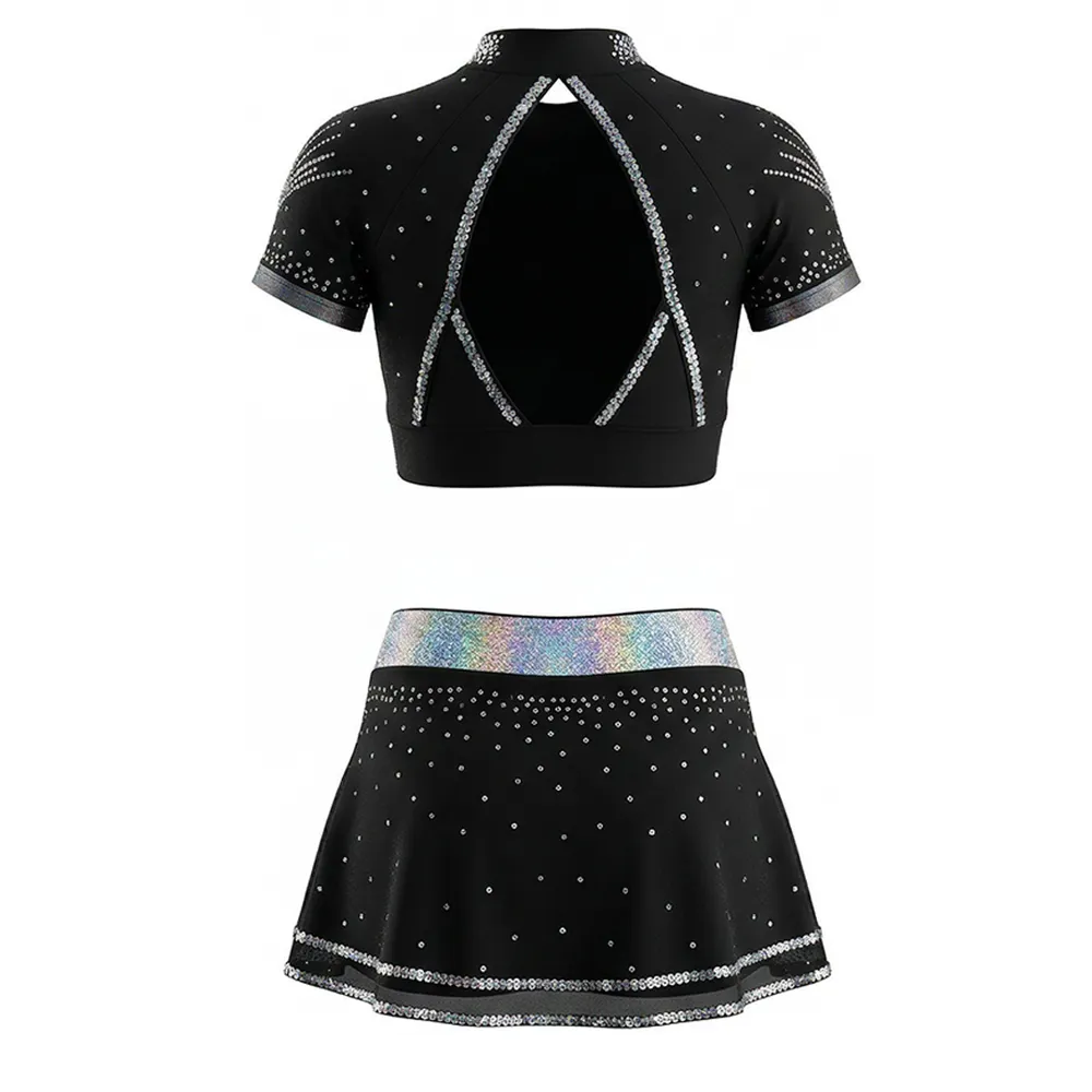 Girls Long Sleeve Cheerleading Outfit Crop Top Sheer Mesh Rhinestone Black Green Spandex Performance Wear – photo 4