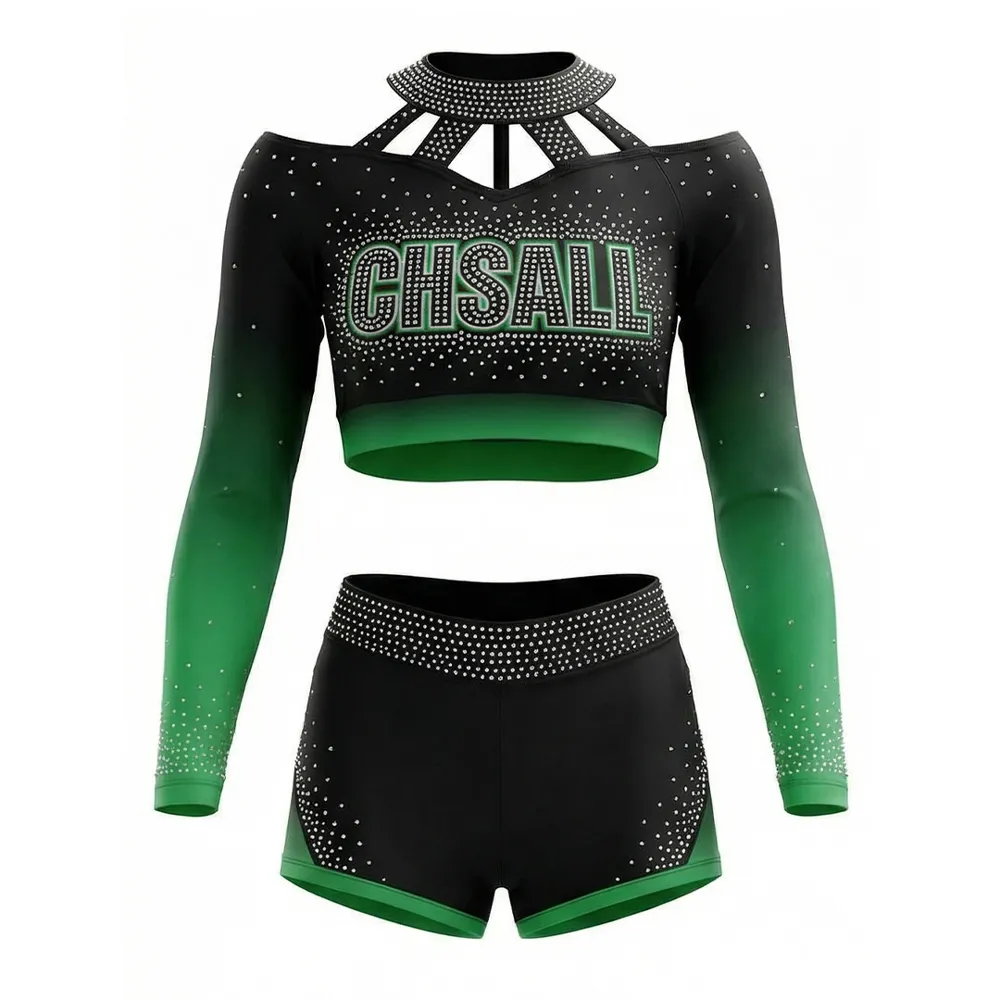 Girls Cheerleading Outfit Long Sleeve Cutout Neck Rhinestone Emerald Green Pleated Skirt Performance Wear – photo 2