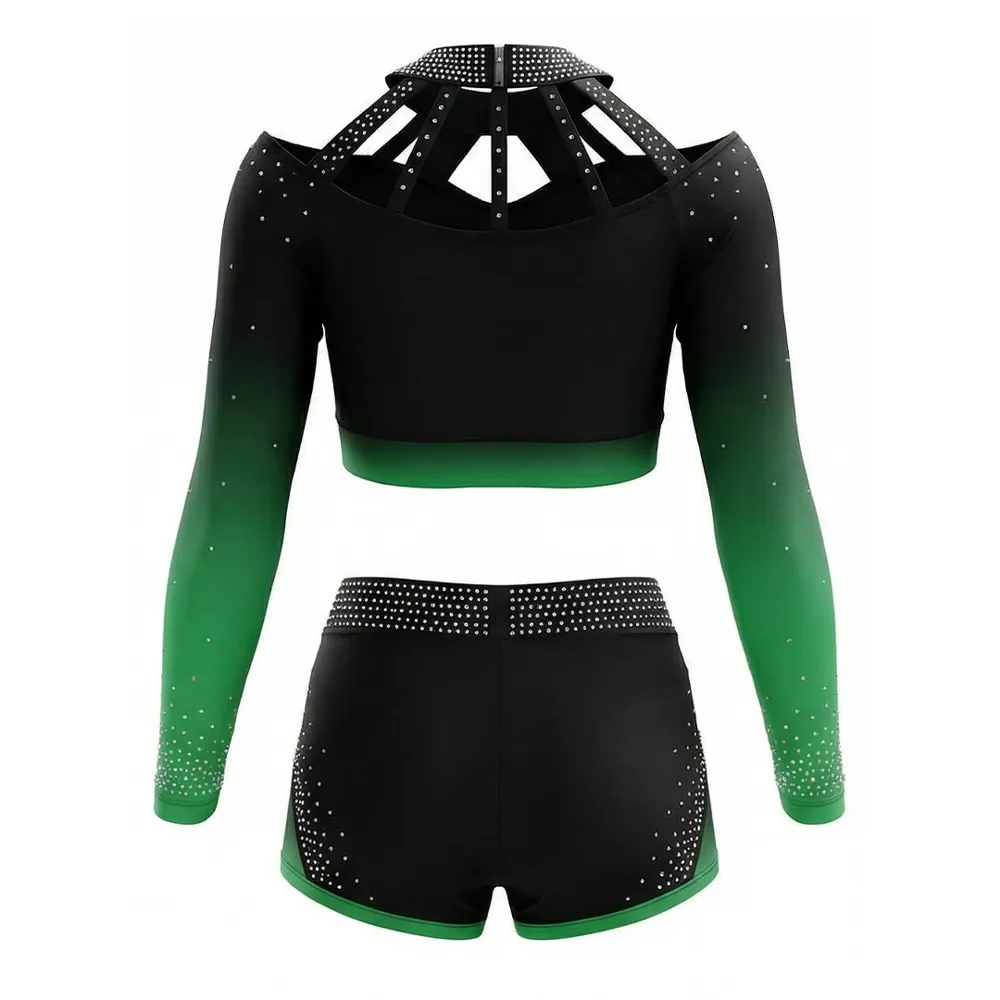Girls Cheerleading Outfit Long Sleeve Cutout Neck Rhinestone Emerald Green Pleated Skirt Performance Wear – photo 3
