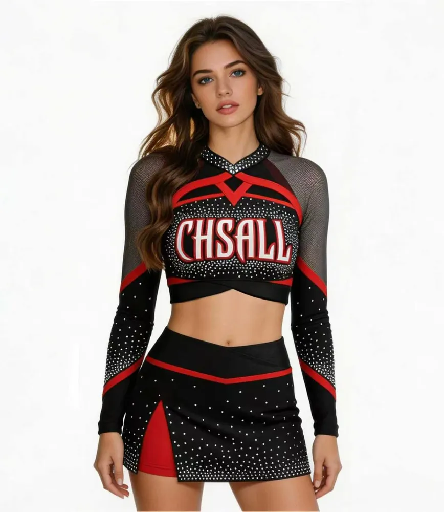 Professional Rhinestone Cheerleading Uniforms Long Sleeve Crop Top Skirt Mesh Team Logo Cheer Competition Performance – photo 2