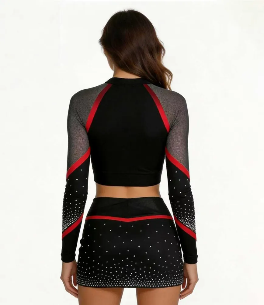 Professional Rhinestone Cheerleading Uniforms Long Sleeve Crop Top Skirt Mesh Team Logo Cheer Competition Performance – photo 3