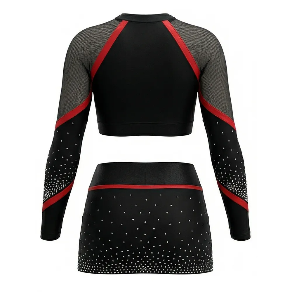Professional Rhinestone Cheerleading Uniforms Long Sleeve Crop Top Skirt Mesh Team Logo Cheer Competition Performance – photo 4