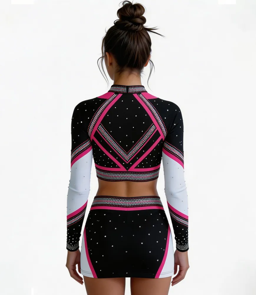 High Neck Long Sleeve Cheerleading Apparel Rhinestone Color Block Team Spirit Performance Uniform with Bow – photo 6