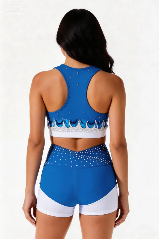 Rhinestones Shirts & Tops Wear Sparkle Design Blue Shiny Cheerleading Practice Wear Shell Shorts 2 Sets Uniforms – photo 2