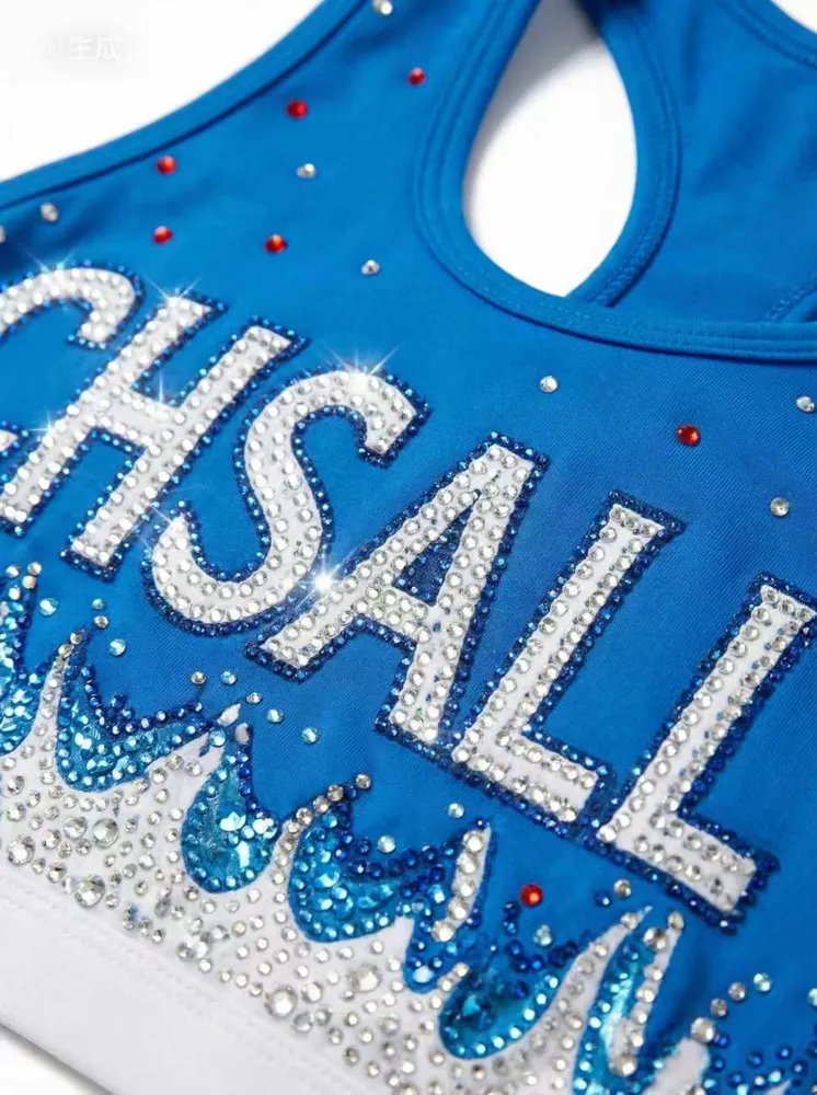 Rhinestones Shirts & Tops Wear Sparkle Design Blue Shiny Cheerleading Practice Wear Shell Shorts 2 Sets Uniforms – photo 3