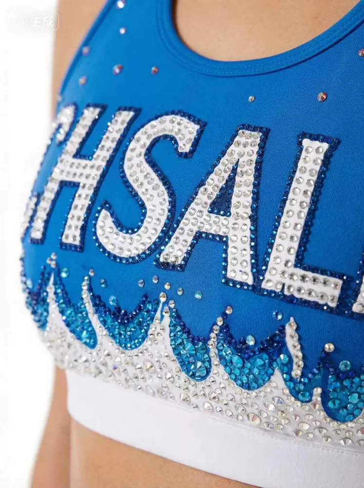 Rhinestones Shirts & Tops Wear Sparkle Design Blue Shiny Cheerleading Practice Wear Shell Shorts 2 Sets Uniforms – photo 4