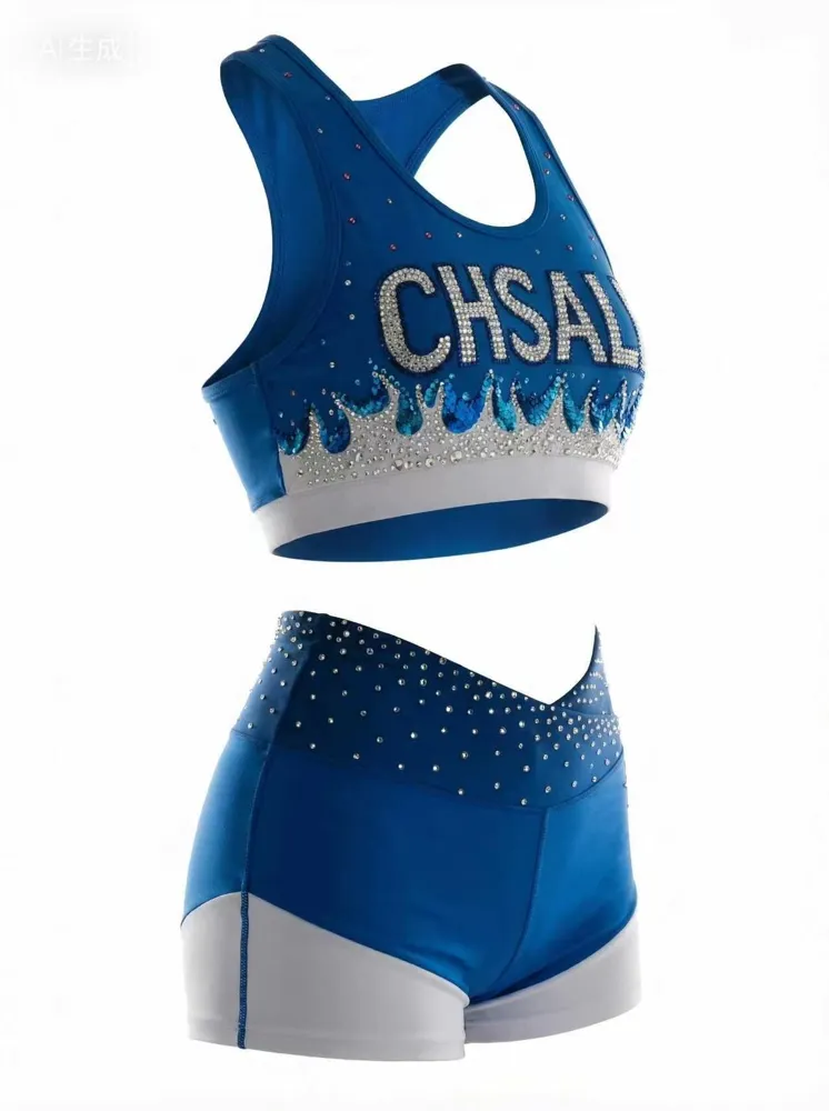 Rhinestones Shirts & Tops Wear Sparkle Design Blue Shiny Cheerleading Practice Wear Shell Shorts 2 Sets Uniforms – photo 5