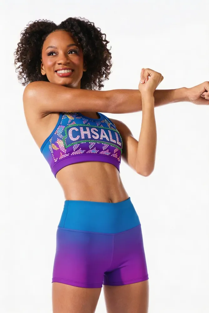 Rhinestones Shirts & Tops Sparkle Design Blue to purple Ombre Shiny Cheerleading Practice Wear Shell Short Uniform – photo 2
