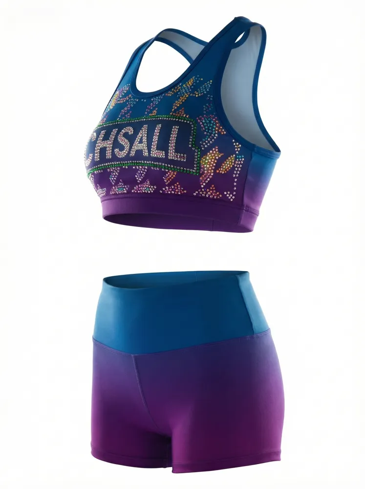 Rhinestones Shirts & Tops Sparkle Design Blue to purple Ombre Shiny Cheerleading Practice Wear Shell Short Uniform – photo 4