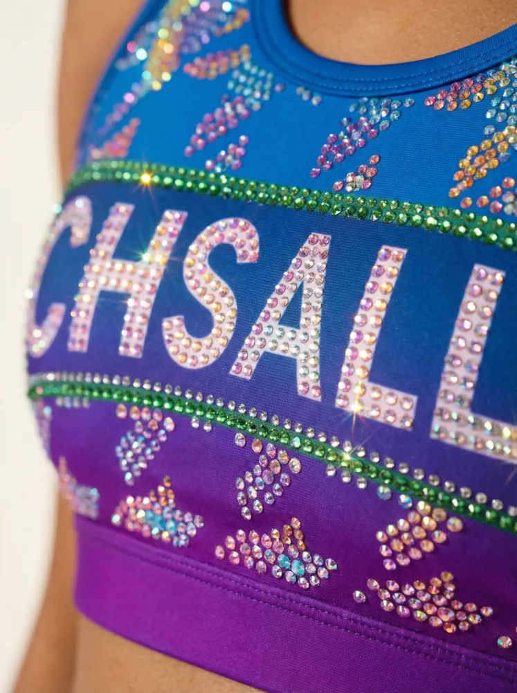 Rhinestones Shirts & Tops Sparkle Design Blue to purple Ombre Shiny Cheerleading Practice Wear Shell Short Uniform – photo 5