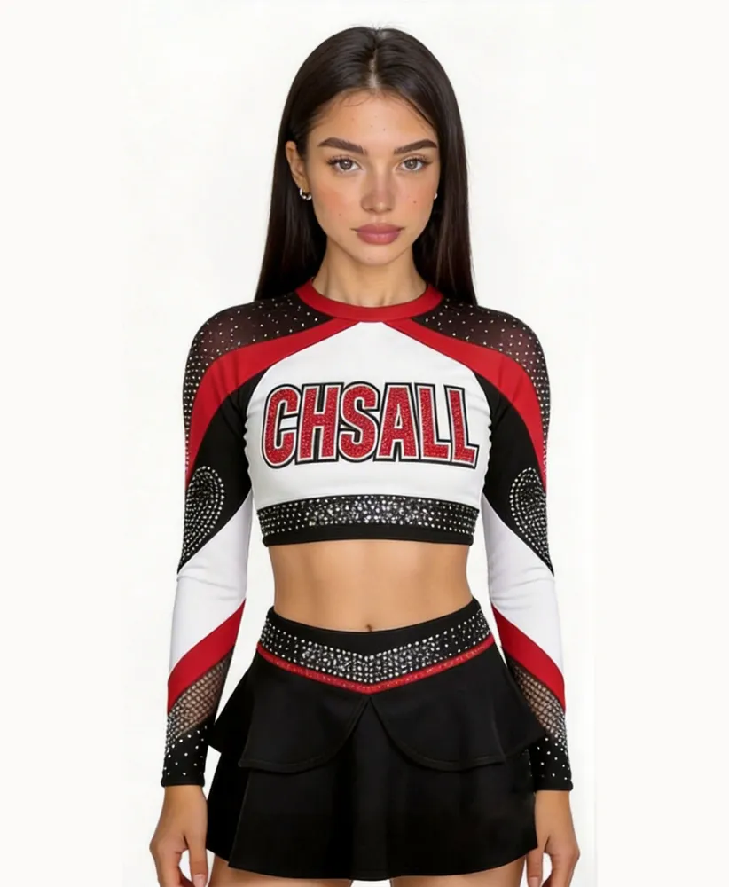 Girls Cheerleading Outfit Long Sleeve Rhinestone High Neck Red Stage Performance Cheer Wear with Skirt – photo 6