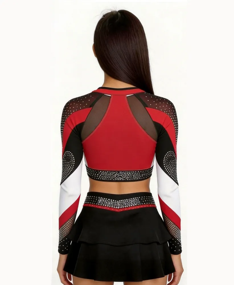 Girls Cheerleading Outfit Long Sleeve Rhinestone High Neck Red Stage Performance Cheer Wear with Skirt – photo 7