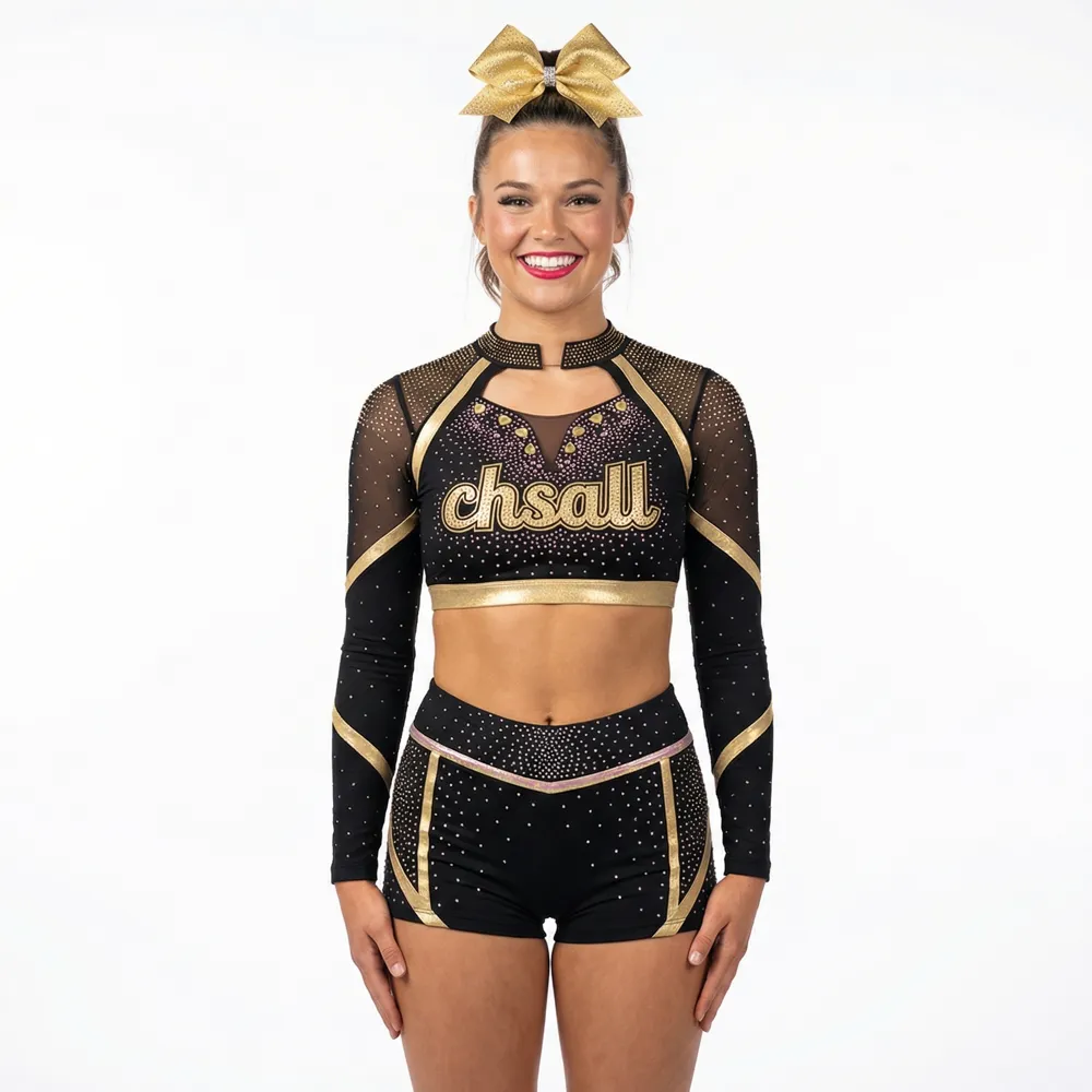 Sparkle Cheerleading Uniform Black Gold Rhinestone Long Sleeve Crop Top with Shorts Cutout Detail Cheer Outfit – photo 2