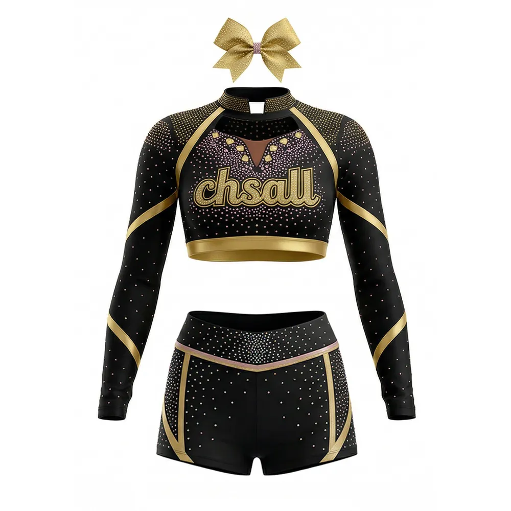 Sparkle Cheerleading Uniform Black Gold Rhinestone Long Sleeve Crop Top with Shorts Cutout Detail Cheer Outfit – photo 3