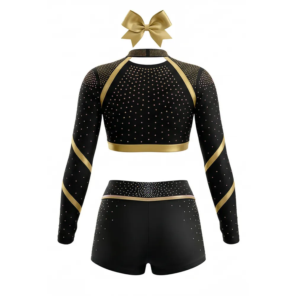 Sparkle Cheerleading Uniform Black Gold Rhinestone Long Sleeve Crop Top with Shorts Cutout Detail Cheer Outfit – photo 4