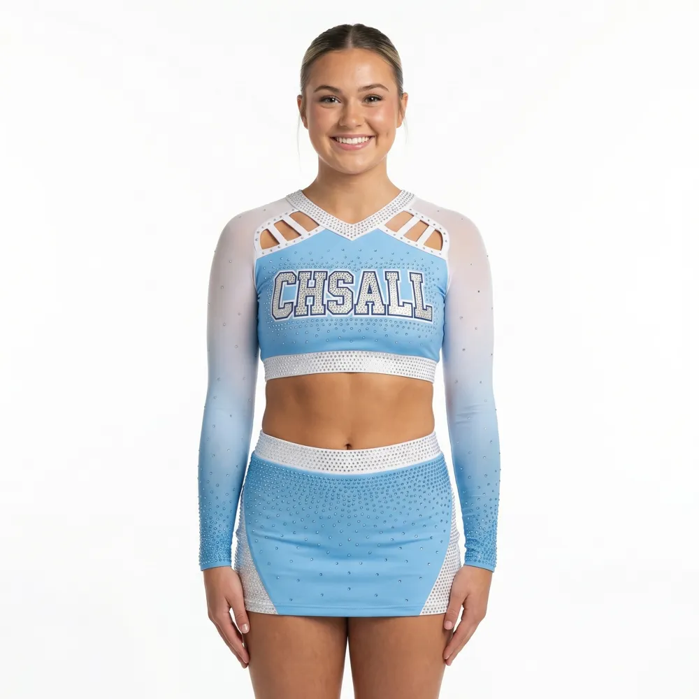 Girls Cheerleading Uniform Light Blue White Rhinestone Long Sleeve Crop Top Clements Team Cheer Outfit – photo 2