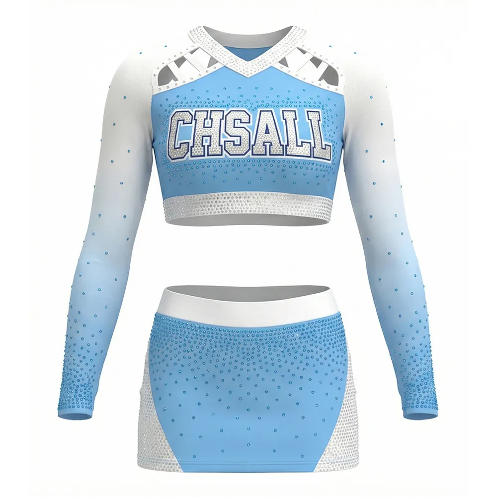 Girls Cheerleading Uniform Light Blue White Rhinestone Long Sleeve Crop Top Clements Team Cheer Outfit – photo 3