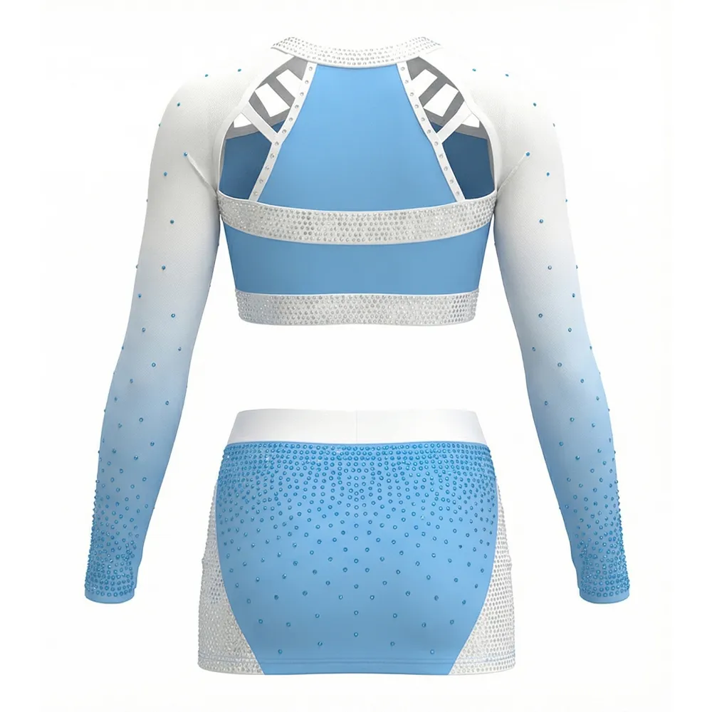 Girls Cheerleading Uniform Light Blue White Rhinestone Long Sleeve Crop Top Clements Team Cheer Outfit – photo 4
