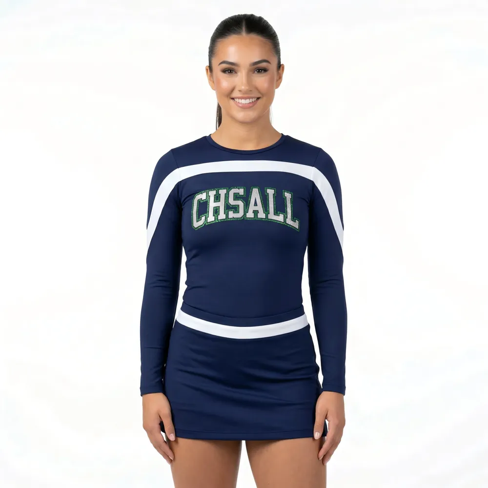 Youth Cheerleading Wear Navy Blue White Long Sleeve Cheer Uniform Team Cheer Gear for Competition School Cheer Stage Show – photo 2