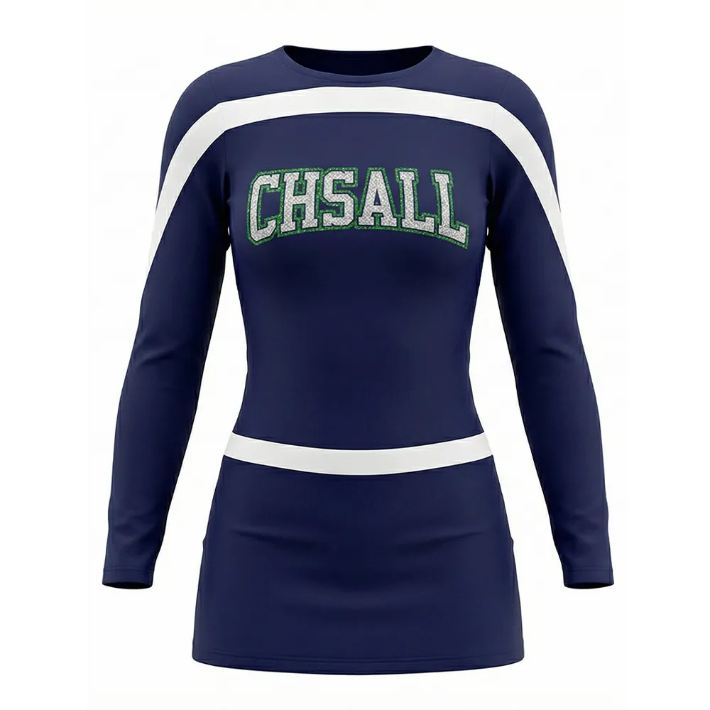 Youth Cheerleading Wear Navy Blue White Long Sleeve Cheer Uniform Team Cheer Gear for Competition School Cheer Stage Show – photo 3