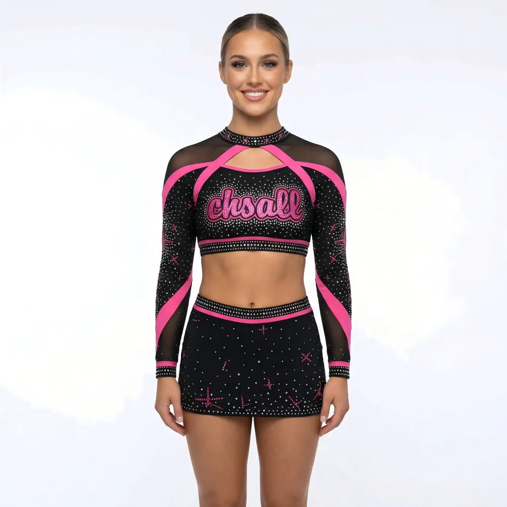 Girls Cheerleading Uniform Black Pink Rhinestone Long Sleeve Crop Top with Skirt TopG Unif Cheer Outfit – photo 2