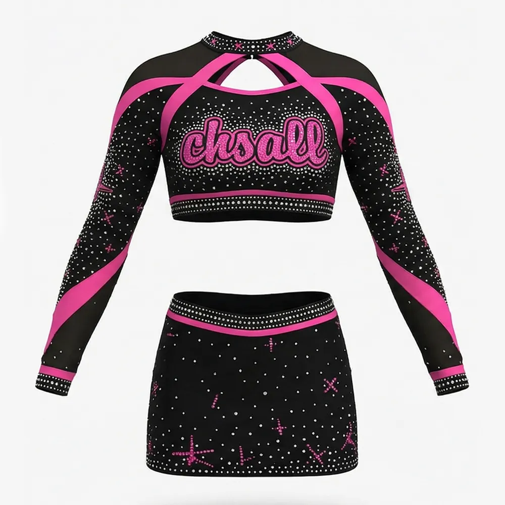 Girls Cheerleading Uniform Black Pink Rhinestone Long Sleeve Crop Top with Skirt TopG Unif Cheer Outfit – photo 3
