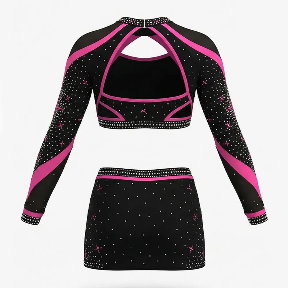 Girls Cheerleading Uniform Black Pink Rhinestone Long Sleeve Crop Top with Skirt TopG Unif Cheer Outfit – photo 4