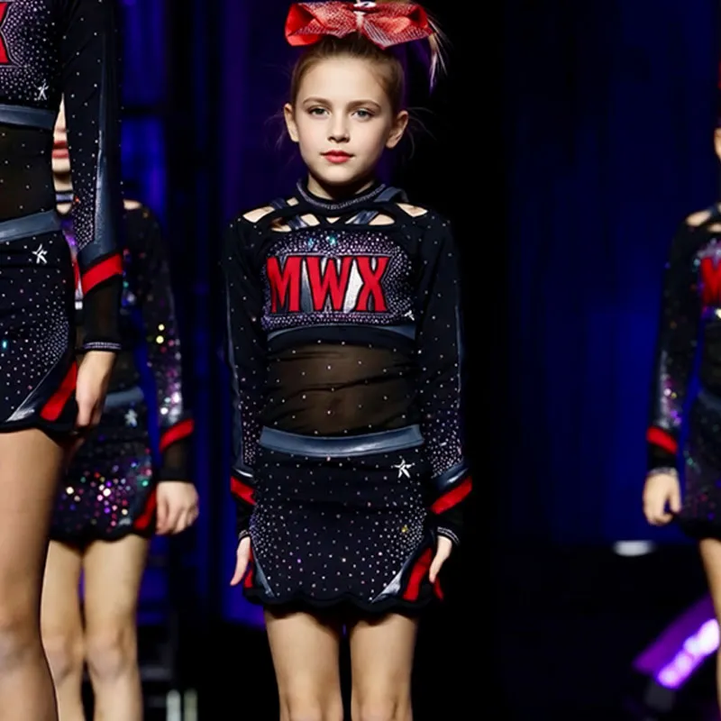 All Star Cheerleading Uniform Black Red Bling Rhinestone Long Sleeve Cheer Outfit Team Cheer Competition Cheer Uniform for Women – photo 2