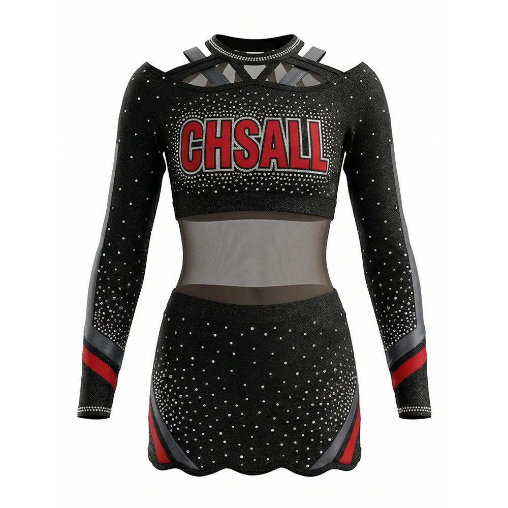 All Star Cheerleading Uniform Black Red Bling Rhinestone Long Sleeve Cheer Outfit Team Cheer Competition Cheer Uniform for Women – photo 3